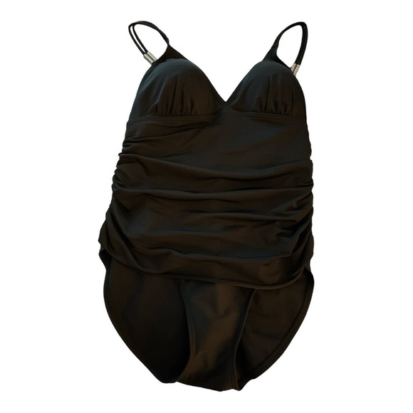 FantaSizer swimsuit, size 10, black with midriff ruching and skirt. One piece. - Picture 1 of 5